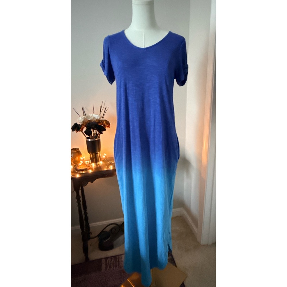 Chicos Knit Maxi Dress Sz 0 ( 4 / 6 ) Blue Ombre Tee Shirt Pockets Beach Coverup